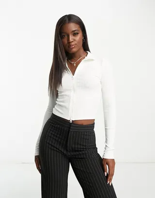 Stradivarius slim fit zip up top in ecru