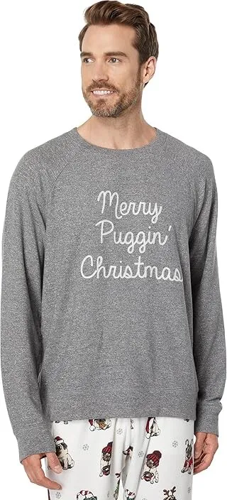 P.J. Salvage Merry Puggin' Christmas Long Sleeve Crew Neck (Heather Charcoal) Men's Pajama