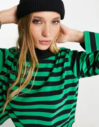 ASOS DESIGN high neck boxy long sleeve top in black and green stripe