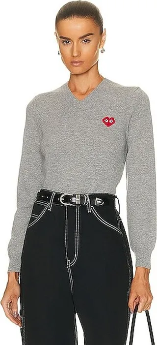 COMME des GARCONS PLAY Invader V-Neck Pullover Sweater in Light Grey