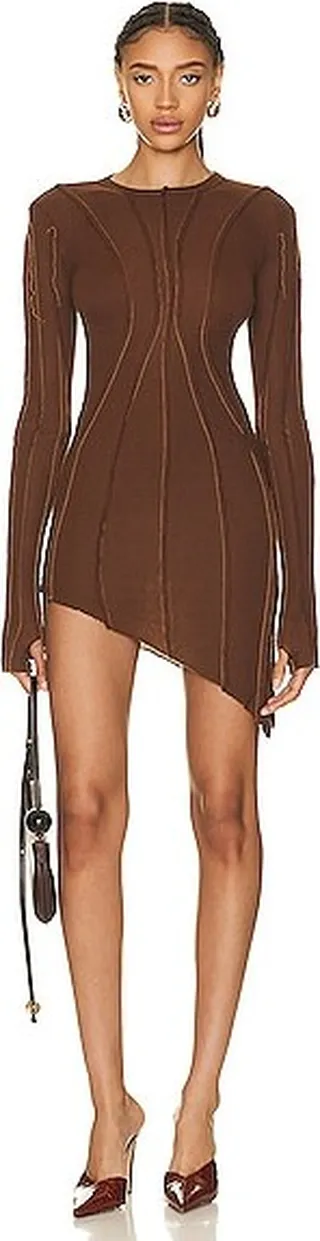 SAMI MIRO VINTAGE Asymmetric Long Sleeve Mini Dress in Brown