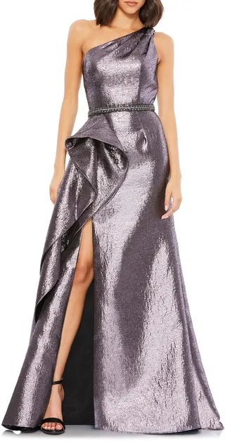One-Shoulder Ruffle Metallic Brocade Mermaid Gown