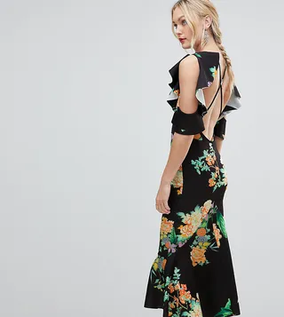 ASOS DESIGN Tall floral scuba ruffle cold shoulder pephem midi dress