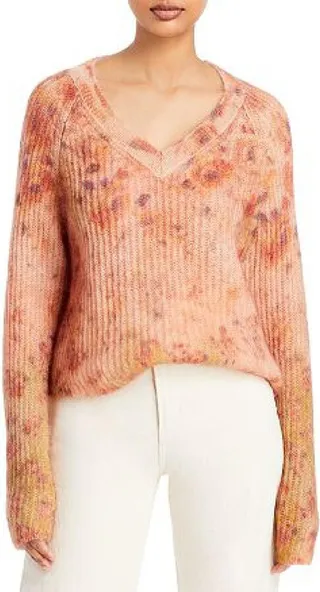 Womens Knit Floral Print V-Neck Sweater