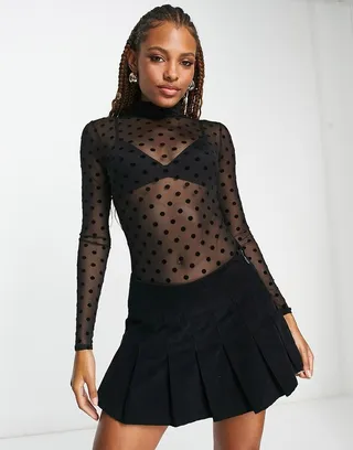ASOS DESIGN mesh long sleeve textured polka dot flock bodysuit in black
