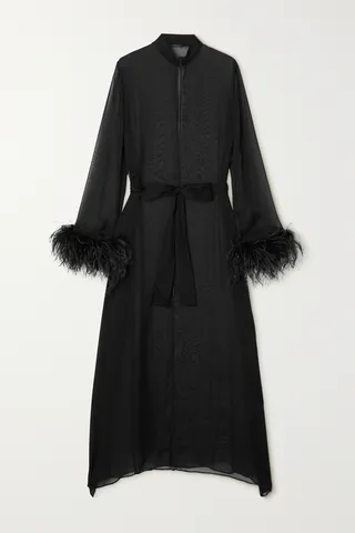 Oséree - Plumage Feather-trimmed Silk-chiffon Robe - Black