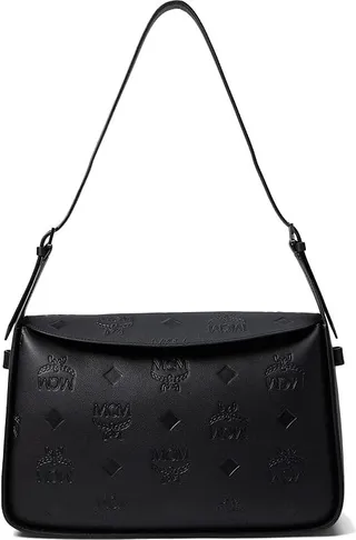 MCM Aren Embroidered Monogram Leather Hobo Medium (Black) Handbags
