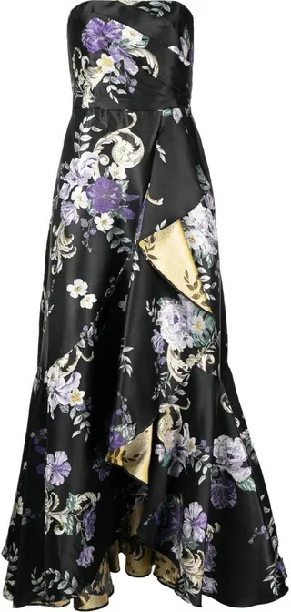 Floral-Print Strapless Gown