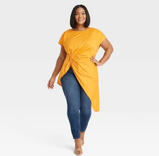 Women's Dolman Short Sleeve Twisted Hi-Low Blouse - Ava & Viv™ Mango Orange 3X