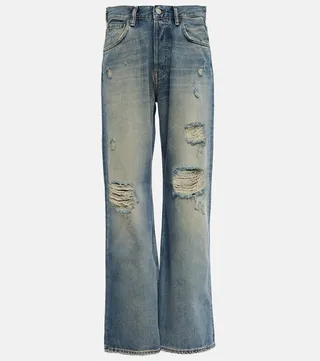 Distressed mid-rise wide-leg jeans