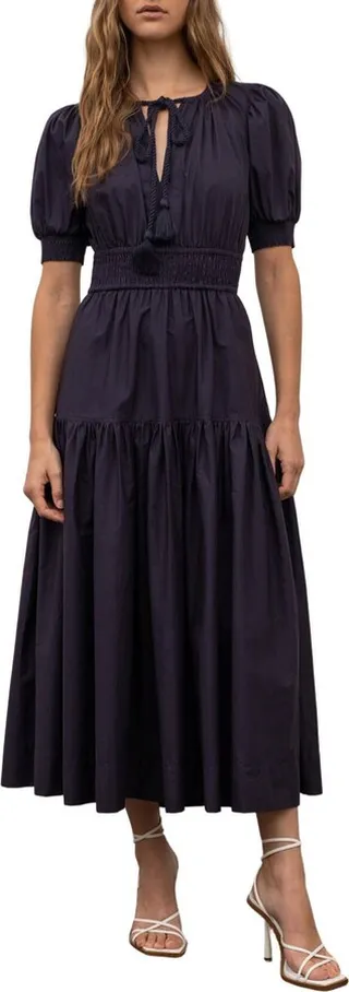Tie Neck Cotton Blend Midi Dress