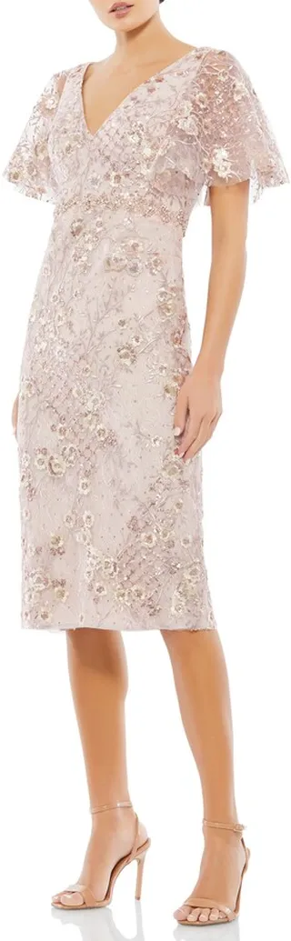 Embellished Flutter Sleeve Lace Cocktail Dress