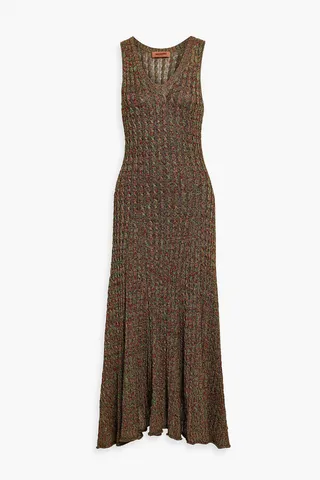 Two-tone metallic crochet-knit midi dress