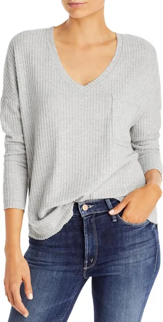 Womens Waffle Knit Pocket V-Neck Sweater
