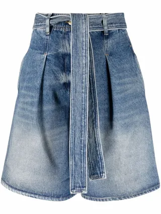 Bleach-Effect Belted Tailored Shorts