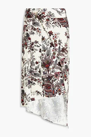 Asymmetric wrap-effect floral-print satin-jersey midi skirt