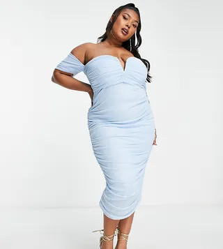 ASOS DESIGN Curve v wire bardot ruche mesh midi dress in pale blue