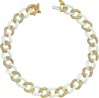 Alternating Diamond Pavé and White Ceramic Medium Link Yellow Gold Bracelet
