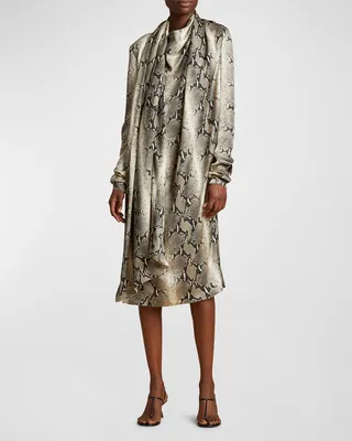 Shaz Snakeskin-Print Scarf-Neck Strong-Shoulder Midi Dress