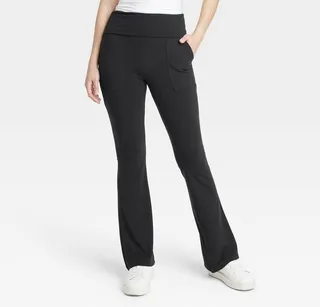 Women's Fold Over Waistband Flare Leggings with Pockets - A New Day™ Black L