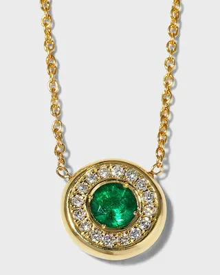Yellow Gold Emerald Pendant Necklace with Diamond Halo