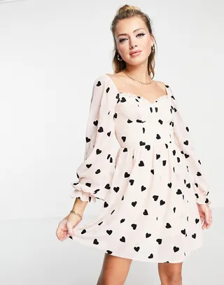 Miss Selfridge corset detail flocked heart mini dress in blush