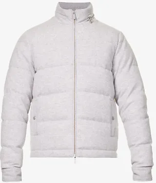 Mens Grey Melange High-neck Padded Cashmere Bomber Jacket