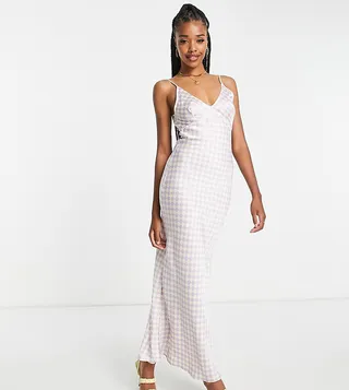 ASOS DESIGN Tall high apex satin maxi slip dress in lilac checkerboard