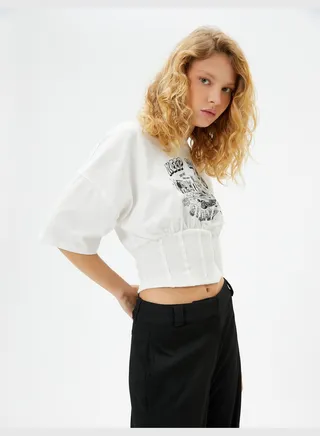 Corset Detail T-Shirt Short Sleeve Crew Neck Printed Cotton