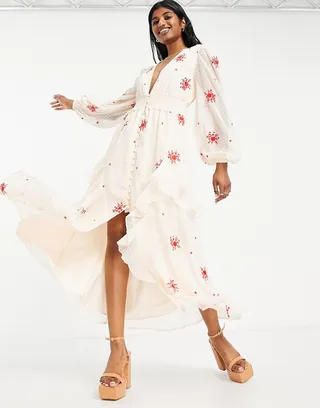 ASOS DESIGN shirred waist button through midi tea dress with all over embroidery in beige and red