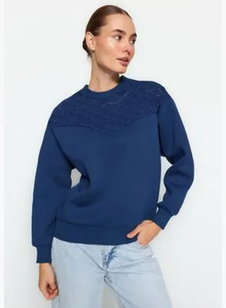 Thick Indigo Fleece Inside, Brode Detail, Regular/Normal Knitted Sweatshirt TWOAW24SW00158.