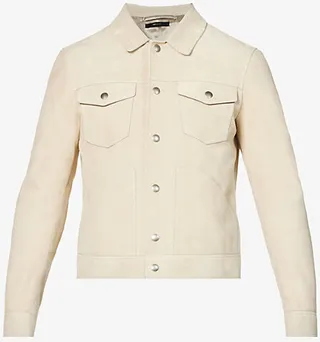 Mens Beige Western Panelled Spread-collar Suede Jacket