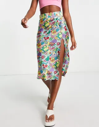 Daisy Street midi slip skirt in retro mix print satin with thigh slit