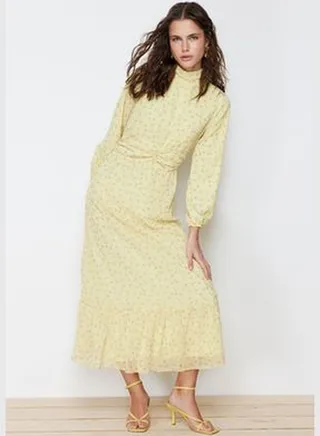Yellow Floral High Neck Self Waist Detail Lined Chiffon Woven Dress TCTSS22EB0032
