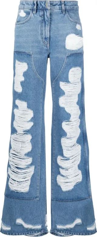 Blue Distressed Wide-Leg Jeans