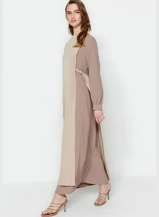 Brown Color Block Aerobin Woven Dress with Tie Waist Detail TCTSS23EB00106