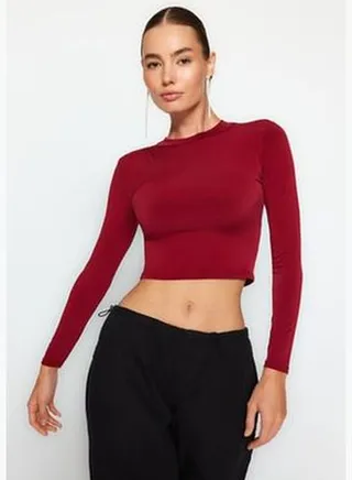 Burgundy Stand-Up Collar Fitted/Sticky Knitted Blouse with Long Sleeves and Punches TWOAW23EL01391