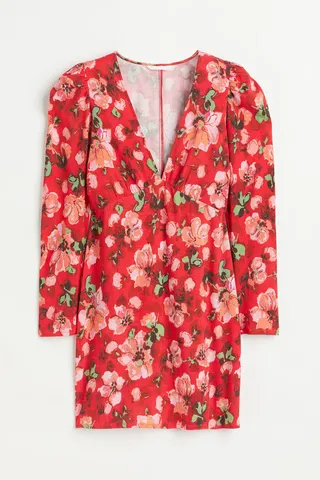 Patterned Puff-sleeved Dress