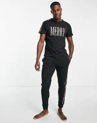 Threadbare Christmas script loungewear set in black