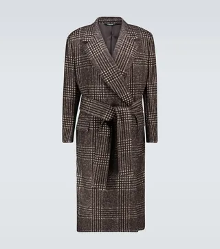 Belted checked overcoat