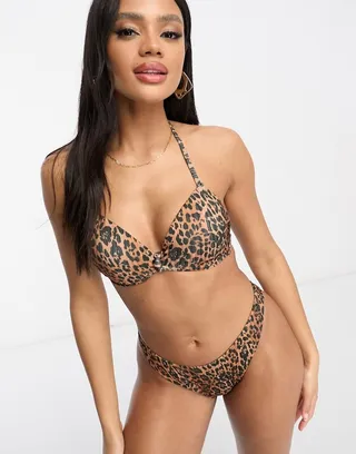 ASOS DESIGN mix and match underwired molded knot front halter bikini top in leopard print