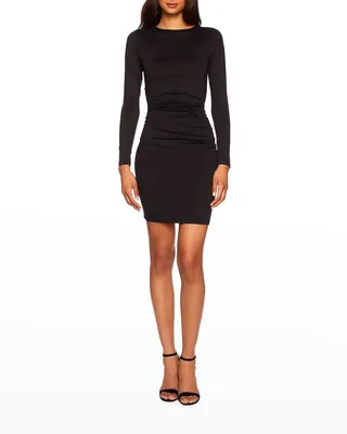 Gathered Long-Sleeve Mini Crewneck Dress
