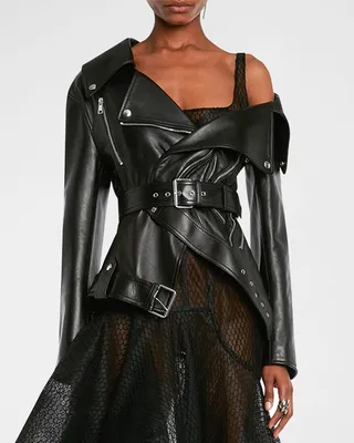 One-Shoulder Twisted Leather Biker Jacket