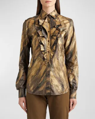 Keara Ruffle Bib-Front Metallic Lame Shirt