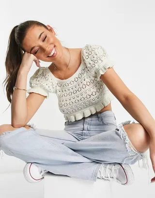 Miss Selfridge open stitch pointelle knit square neck short sleeve frill hem top in cream
