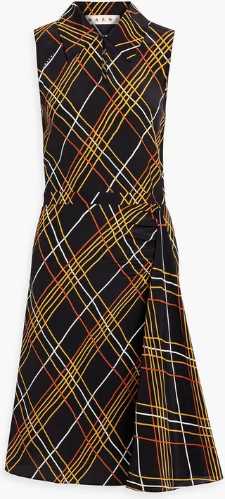 Draped checked silk crepe de chine dress
