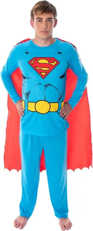 DC Comics Men's Superman Costume Raglan Shirt And Pants Pajama Set with Cape MD Blue