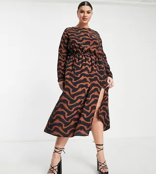 ASOS DESIGN Curve midi column dress with twist front in oversized abstract animal print
