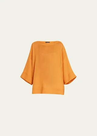 Scoop-Neck Three-Quarter Sleeve Top with Hem Bands (Long Length)