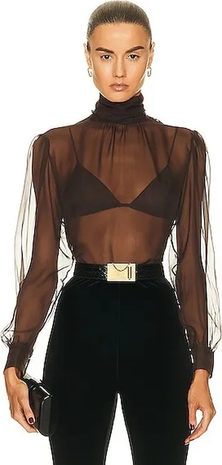 Saint Laurent Turtleneck Blouse in Tan